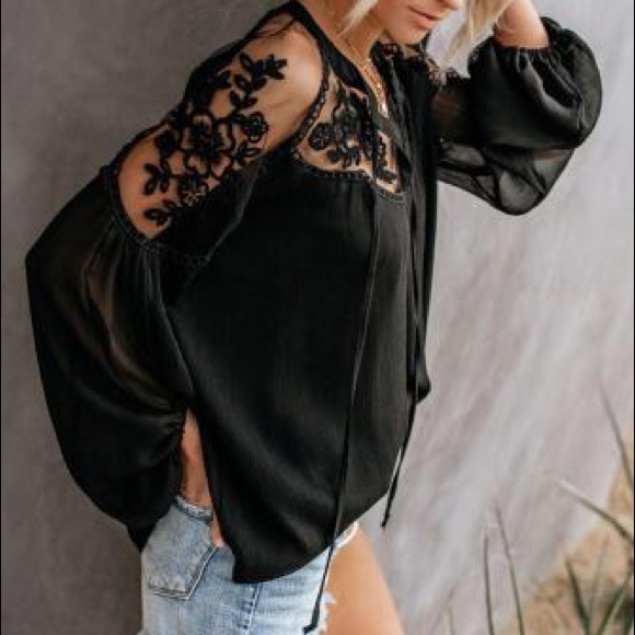 Boho Chic Black Lace Long Sleeve Blouse - Picture 8 of 8